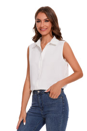 Womens Sleeveless Button Down Shirt Classic Collared Blouse Basic Tank Tops Work Office Chiffon Tops