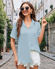 Blouse for Women Button Down Shirt V Neck Women Short Sleeve Tops Chiffon Work Office Blouse with Pocket