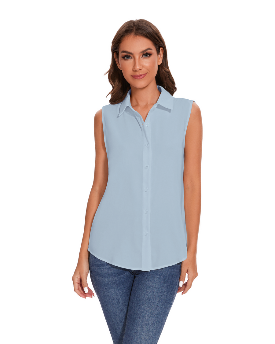 Womens Sleeveless Button Down Shirt Classic Collared Blouse Basic Tank Tops Work Office Chiffon Tops