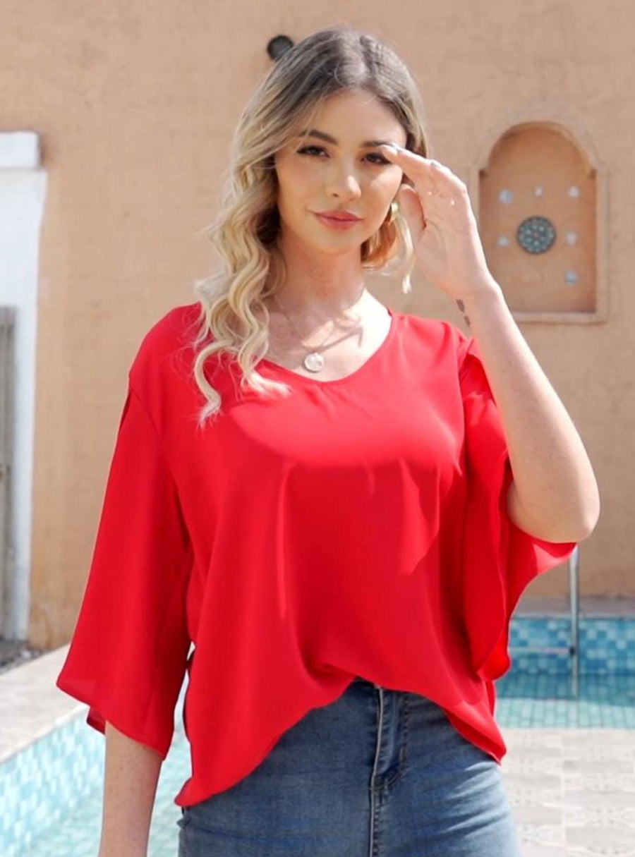 Women's Short Sleeve Button Down Loose Chiffon Blouses in Red