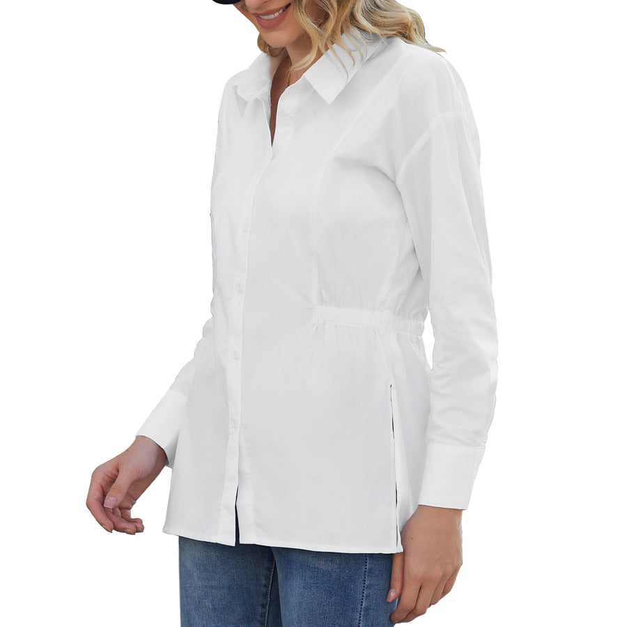 Women's Stretch Long Sleeve Button Down Collared Loose Fit in White