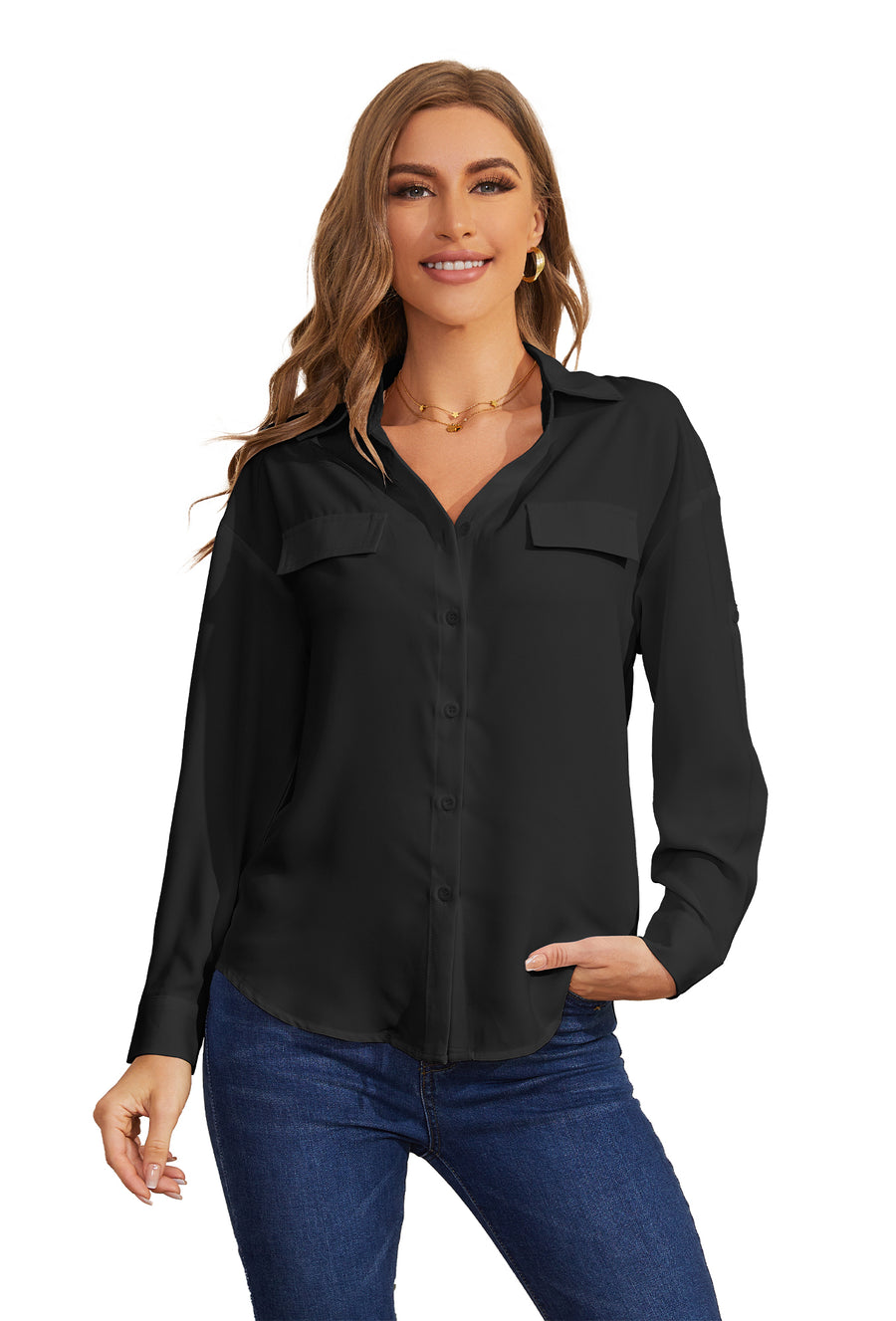 V -neck adjustment sleeve chiffon Blouse Long Sleeve Button Down Shirts  in Black