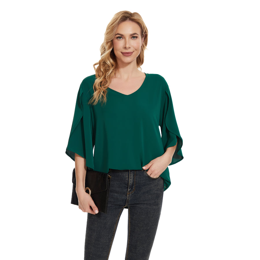 Women's Short Sleeve Button Down Loose Chiffon Blouses in Forest Green