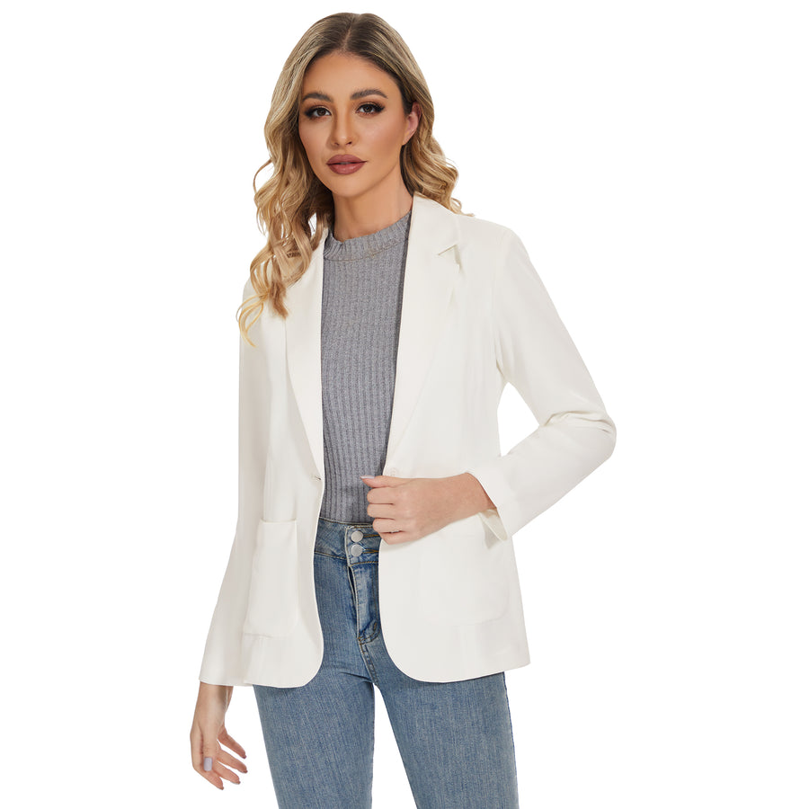 Women's Long Sleeve Notch Lapel Blazers Jacket with Pockets in White