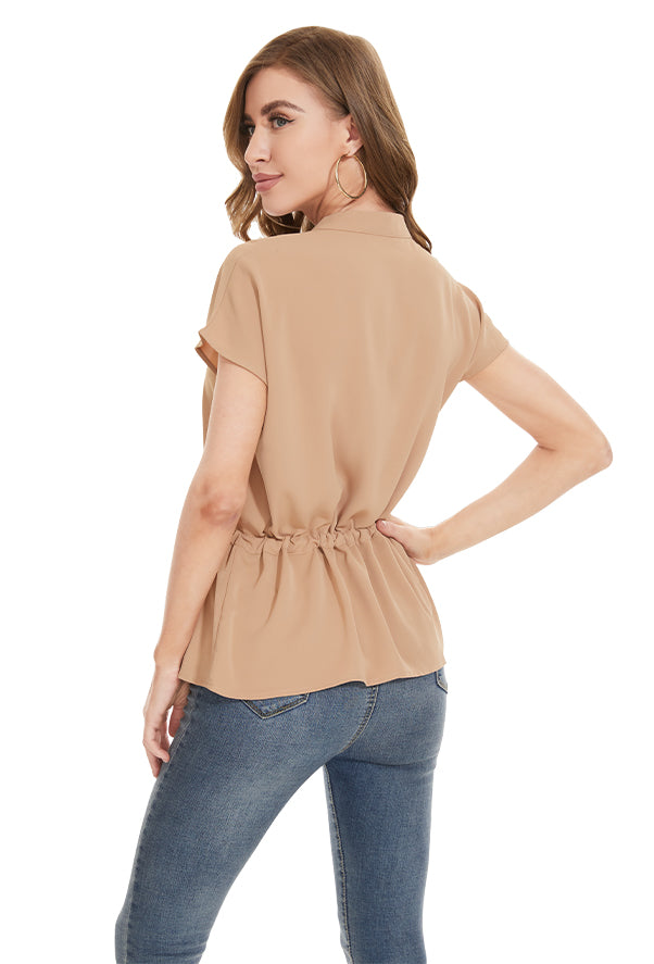 Womens Fashion Button Down Shirt Short Sleeve Blouses in Khaki