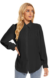 Women's Pleated Long Sleeve Chiffon Blouses in Black