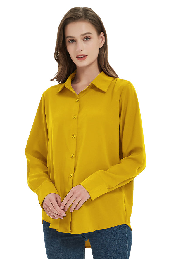 Women's Classic Long Sleeve Collared Chiffon Blouse in Yellow