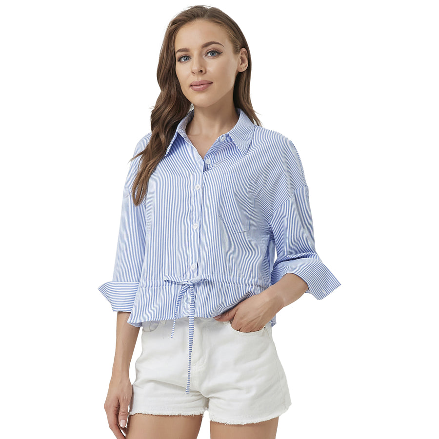 Women's Striped 3/4 Sleeve Button Down Shirts with Drawstring Waist in Blue