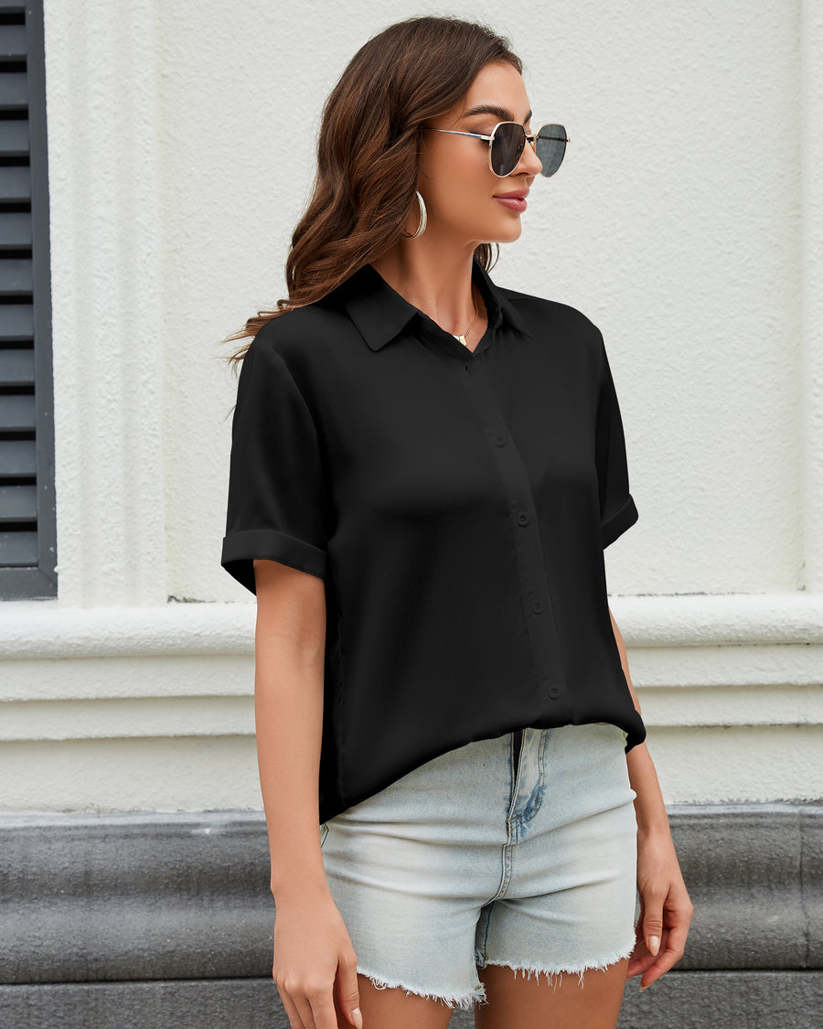 Women's Button Down Shirt Textured Chiffon Blouse Classic Collared Top Casual Work Office Blouse