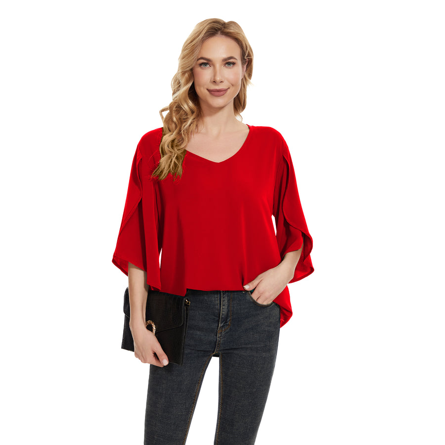 Women's Short Sleeve Button Down Loose Chiffon Blouses in Red