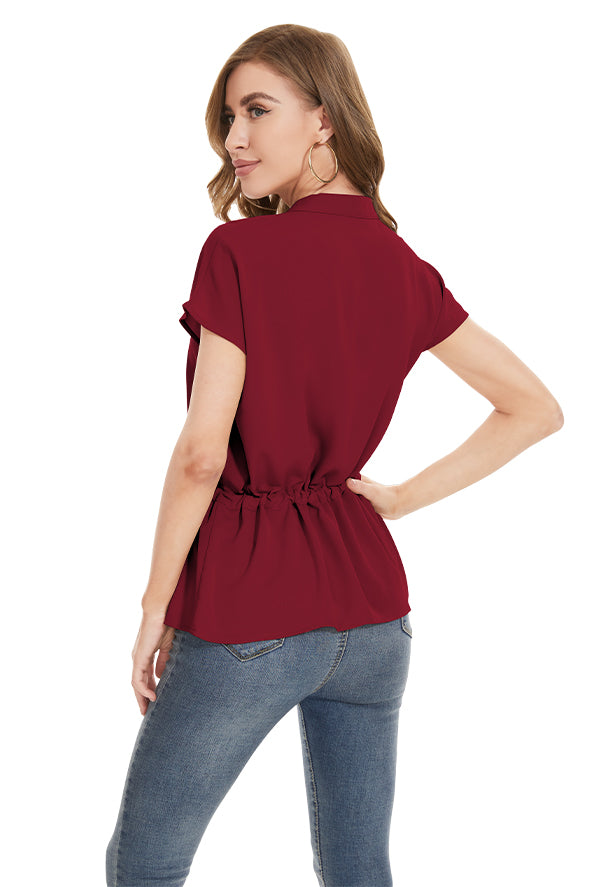 Womens Fashion Button Down Shirt Short Sleeve Blouses in Red