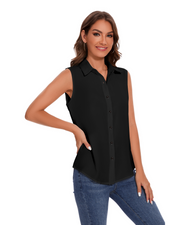 Womens Sleeveless Button Down Shirt Classic Collared Blouse Basic Tank Tops Work Office Chiffon Tops