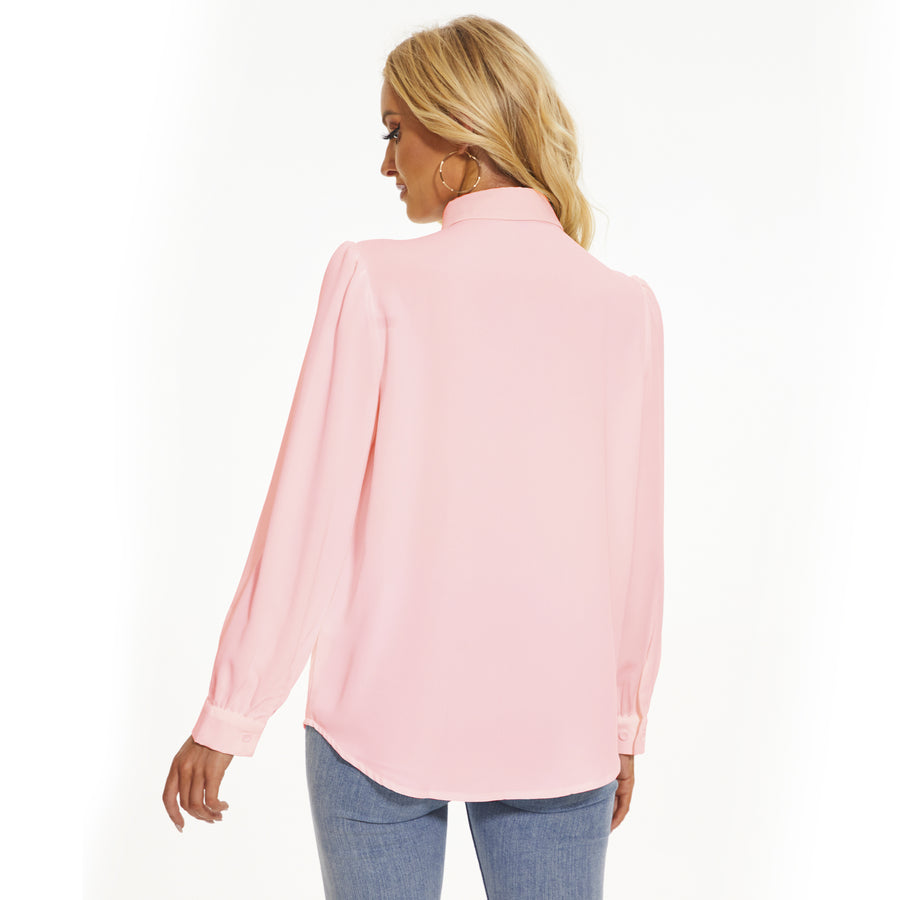 Women's Pleated Long Sleeve Chiffon Blouses in Pink