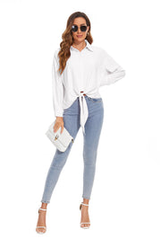 Womens Summer Tops Tie Knot Fashion Casual Button Down Blouses in White