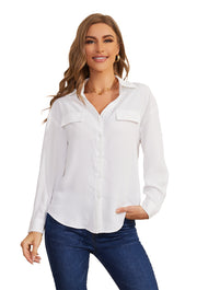 V -neck adjustment sleeve chiffon Blouse Long Sleeve Button Down Shirts  in White