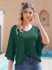 Women's Short Sleeve Button Down Loose Chiffon Blouses in Forest Green