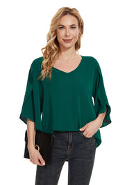 Women's Short Sleeve Button Down Loose Chiffon Blouses in Forest Green