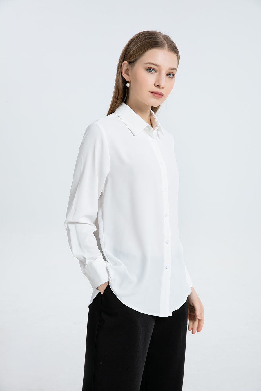 Women's Button Down Shirt Classic Long Sleeve Collared Tops Work Office Chiffon Blouse