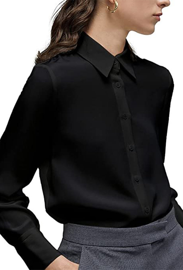 Women's Classic Long Sleeve Collared Chiffon Blouse in Black