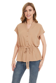 Womens Fashion Button Down Shirt Short Sleeve Blouses in Khaki