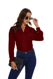 Womens Blouse & Button-Down Shirt with Pockets in Wine Red