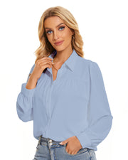 Womens Long Sleeve Bow Tie Neck Button Down Shirts in Blue