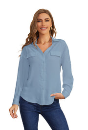 V -neck adjustment sleeve chiffon Blouse Long Sleeve Button Down Shirts  in Blue