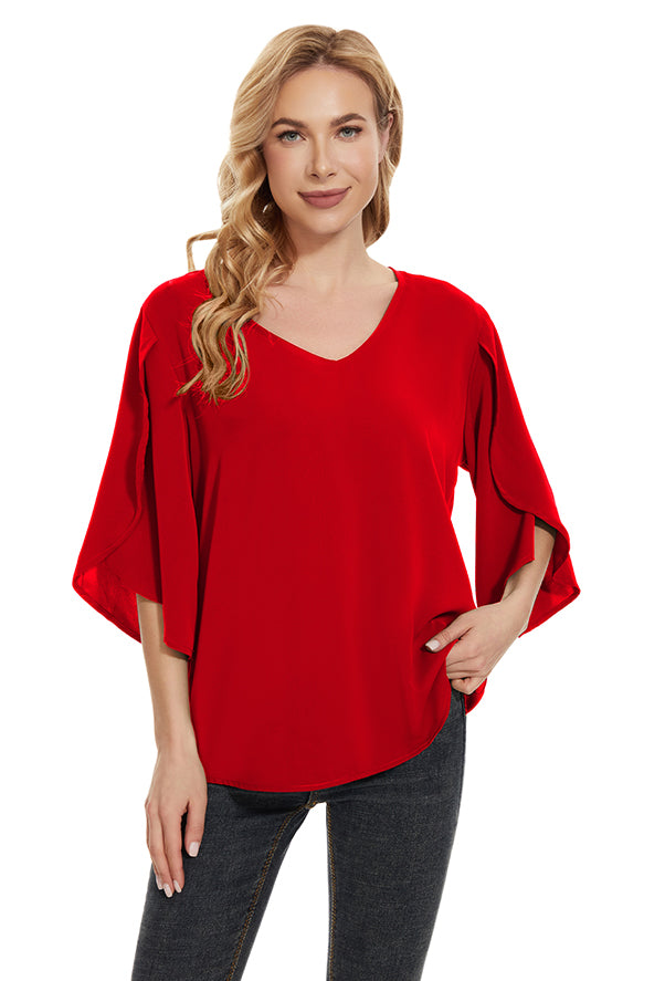 Women's Short Sleeve Button Down Loose Chiffon Blouses in Red