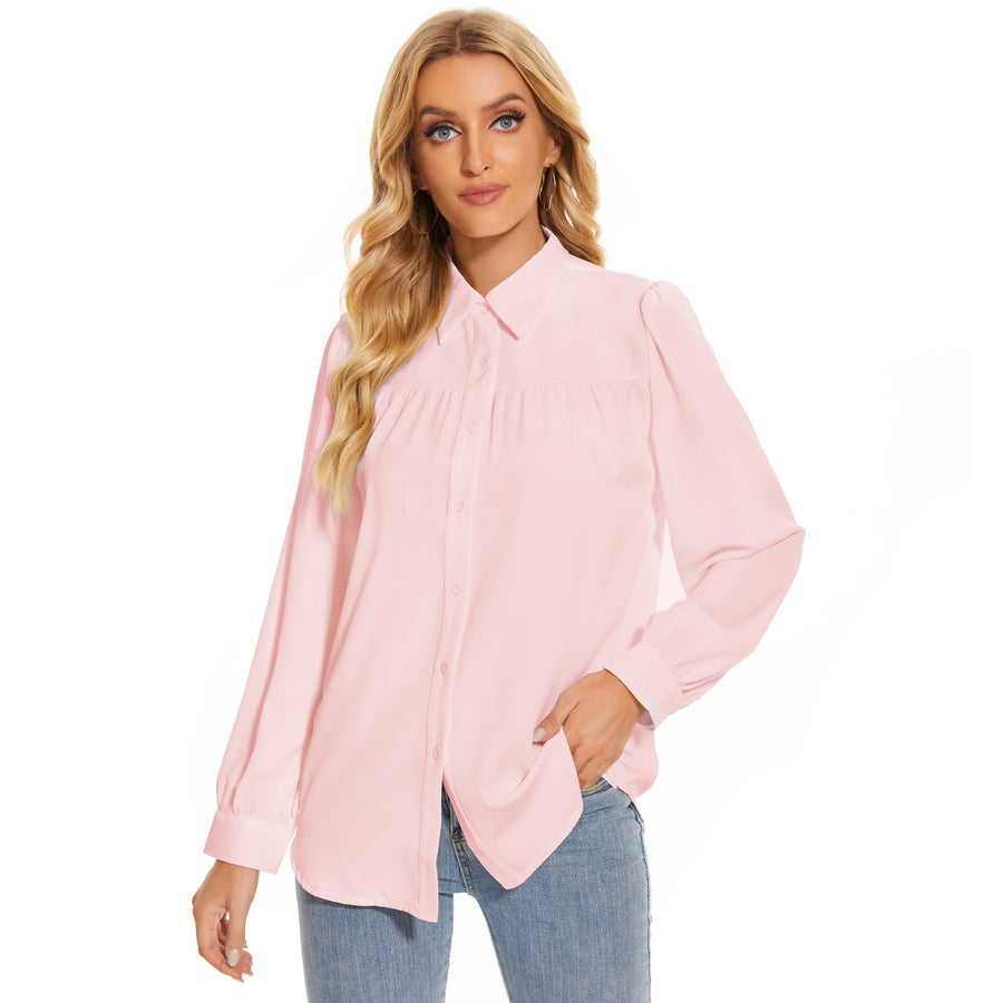 Women's Pleated Long Sleeve Chiffon Blouses in Pink