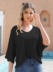 Women's Short Sleeve Loose Chiffon Blouses in Black