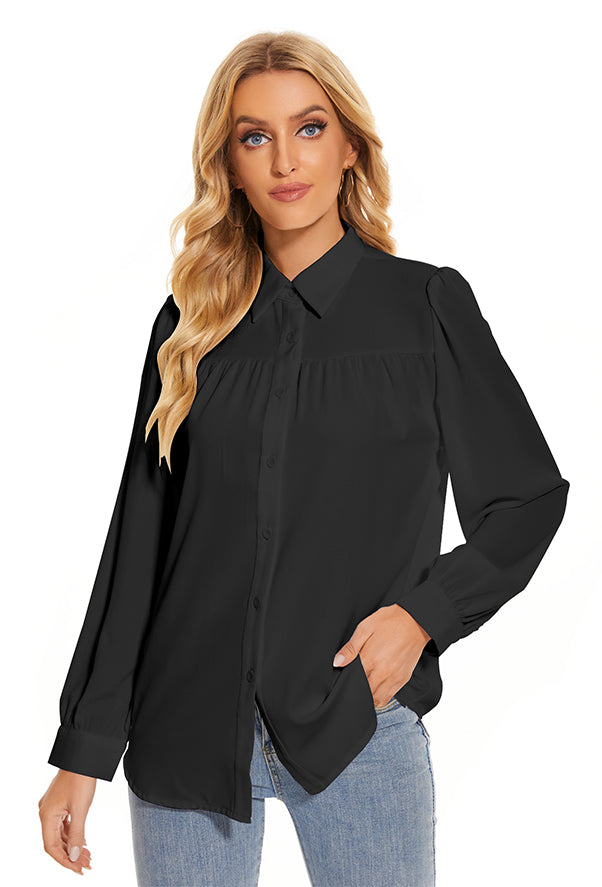 Women's Pleated Long Sleeve Chiffon Blouses in Black