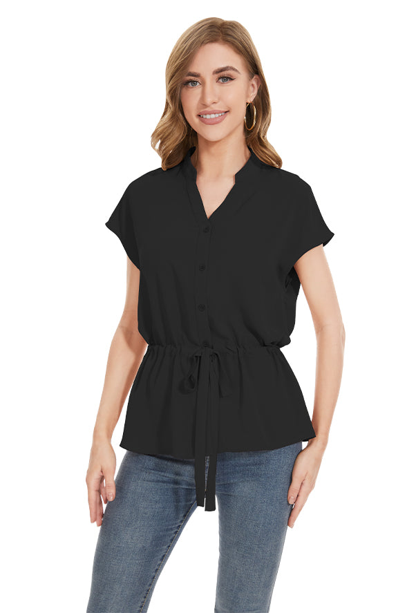 Womens Fashion Button Down Shirt Short Sleeve Blouses in Black