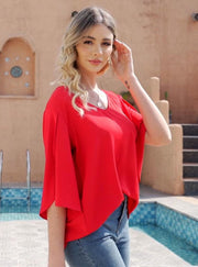 Women's Short Sleeve Button Down Loose Chiffon Blouses in Red