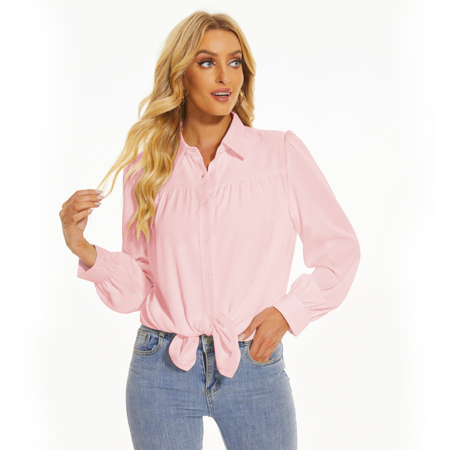 Women's Pleated Long Sleeve Chiffon Blouses in Pink