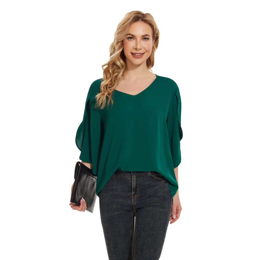 Women's Short Sleeve Button Down Loose Chiffon Blouses in Forest Green