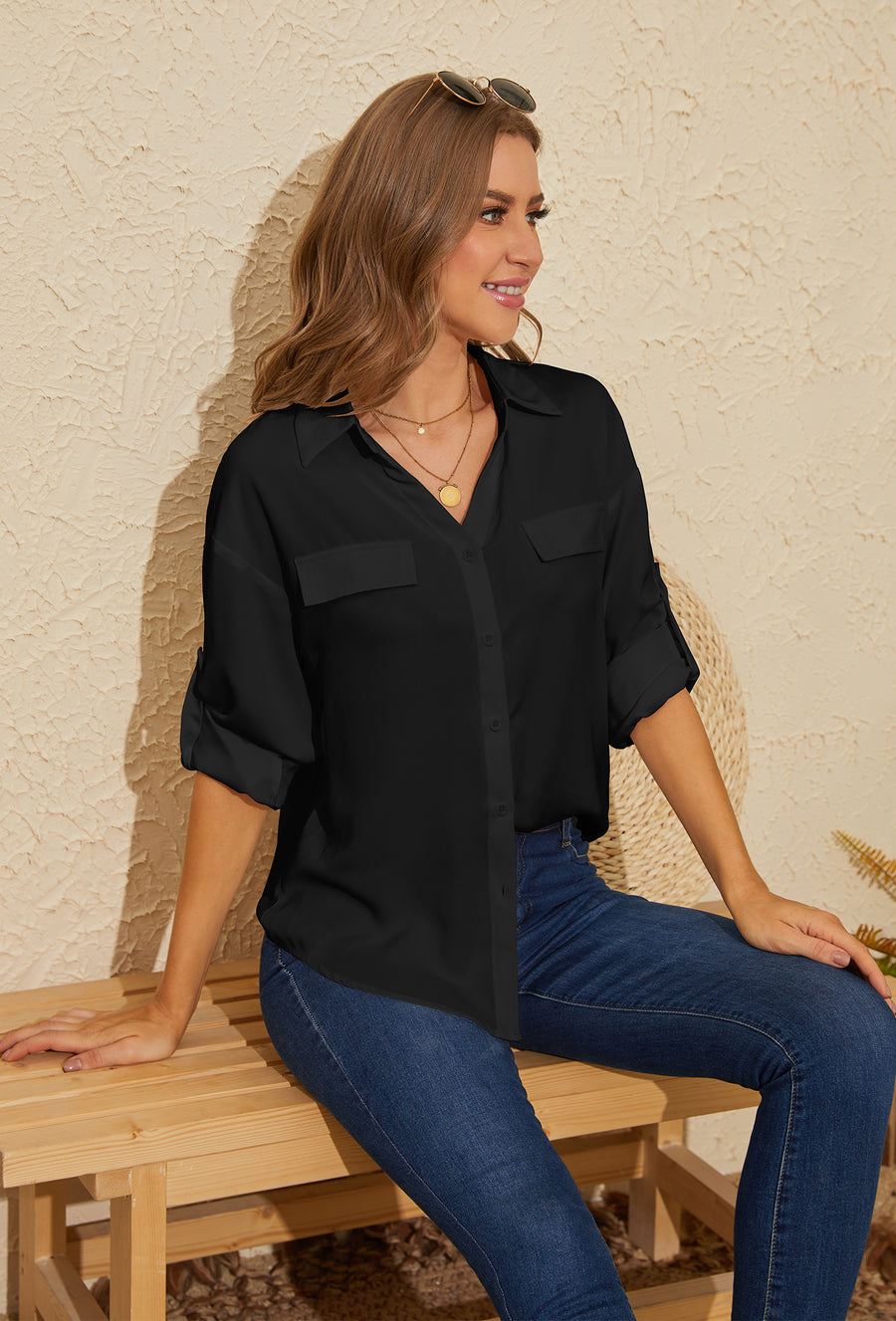 V -neck adjustment sleeve chiffon Blouse Long Sleeve Button Down Shirts  in Black