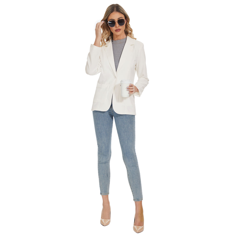 Women's Long Sleeve Notch Lapel Blazers Jacket with Pockets in White