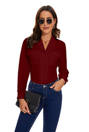 Womens Blouse & Button-Down Shirt with Pockets in Wine Red