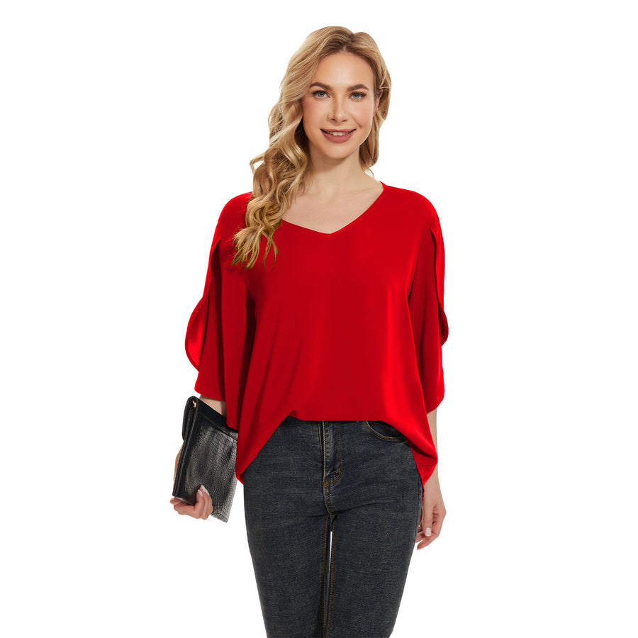 Women's Short Sleeve Button Down Loose Chiffon Blouses in Red