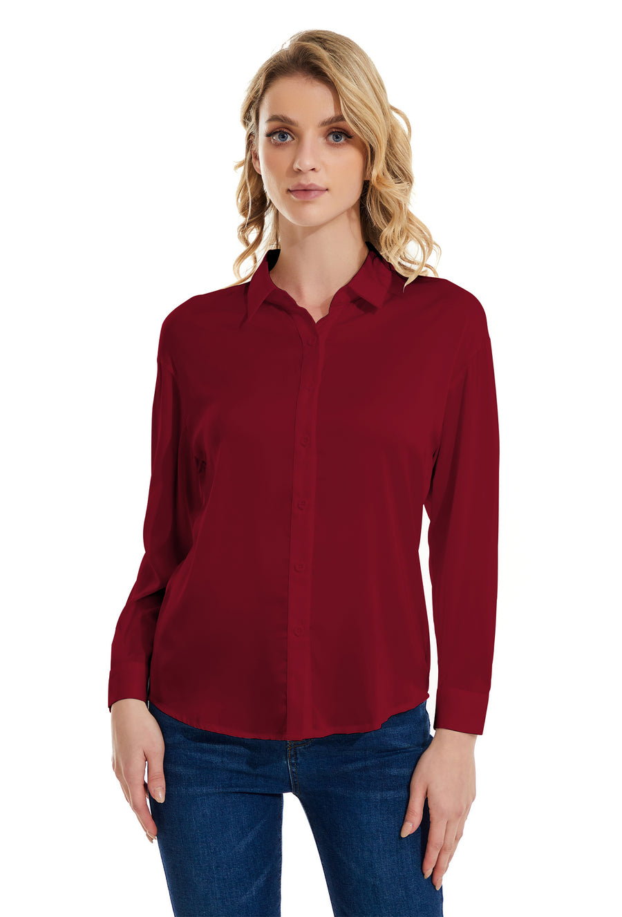 Womens Satin Solid Blouse Long Sleeve Work Casual Button Down Shirts in Red