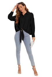 Womens Summer Tops Tie Knot Fashion Casual Button Down Blouses in Black