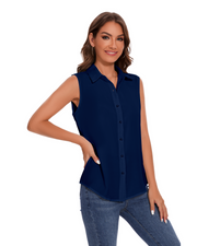 Womens Sleeveless Button Down Shirt Classic Collared Blouse Basic Tank Tops Work Office Chiffon Tops