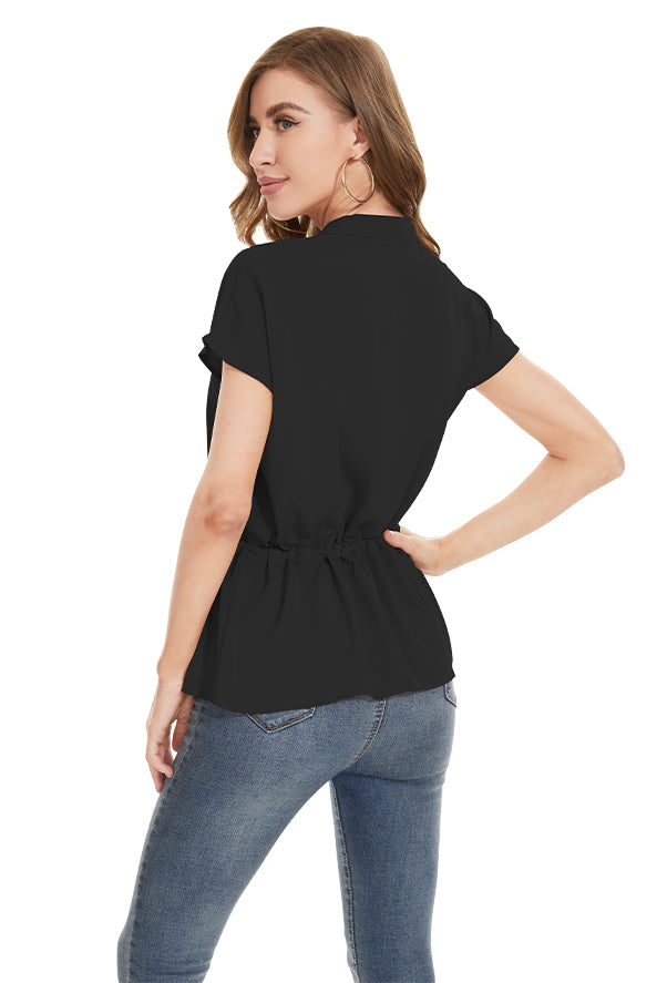 Womens Fashion Button Down Shirt Short Sleeve Blouses in Black