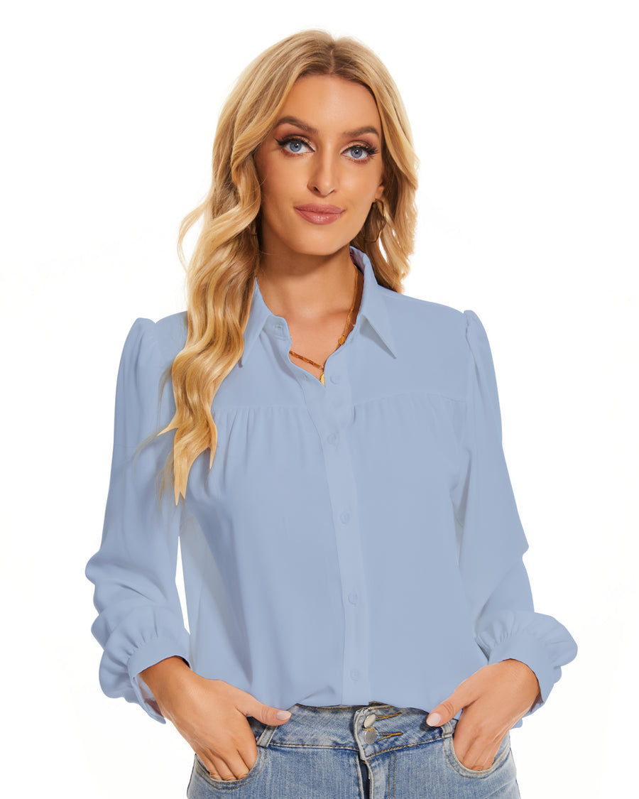 Womens Long Sleeve Bow Tie Neck Button Down Shirts in Blue