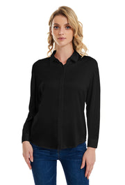 Womens Satin Solid Blouse Long Sleeve Work Casual Button Down Shirts in Black