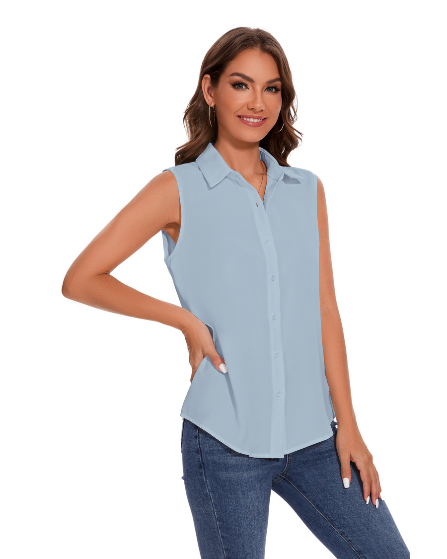 Womens Sleeveless Button Down Shirt Classic Collared Blouse Basic Tank Tops Work Office Chiffon Tops