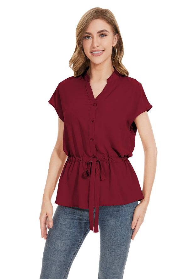 Womens Fashion Button Down Shirt Short Sleeve Blouses in Red