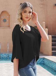 Women's Short Sleeve Loose Chiffon Blouses in Black