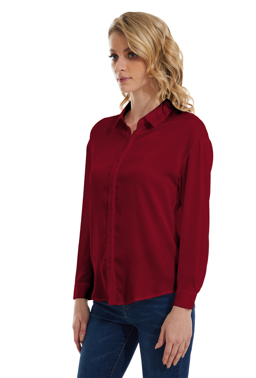 Womens Satin Solid Blouse Long Sleeve Work Casual Button Down Shirts in Red