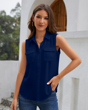 Women's Sleeveless Button Down Shirts Blouses Solid Casual Tank Top Loose V Neck Summer Top for Work